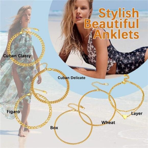 Stainless Steel Chain Anklets for Women, Silver/Gold Tone, Ankle Bracelets - Picture 2 of 7